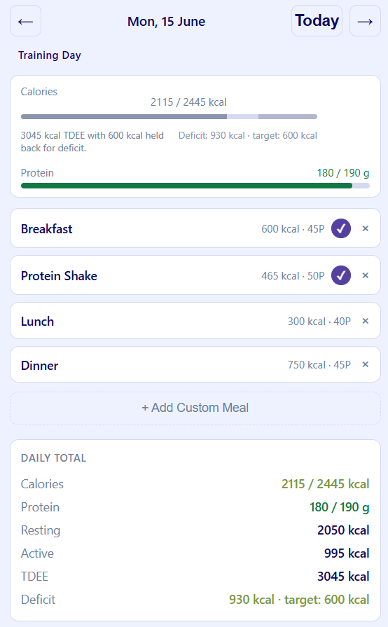 Daily nutrition screen with meals, calorie progress, protein progress, and daily totals