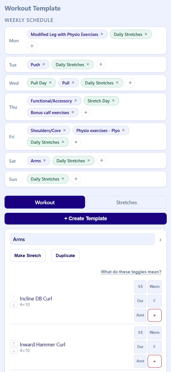Weekly workout template screen with scheduled workout and stretch days
