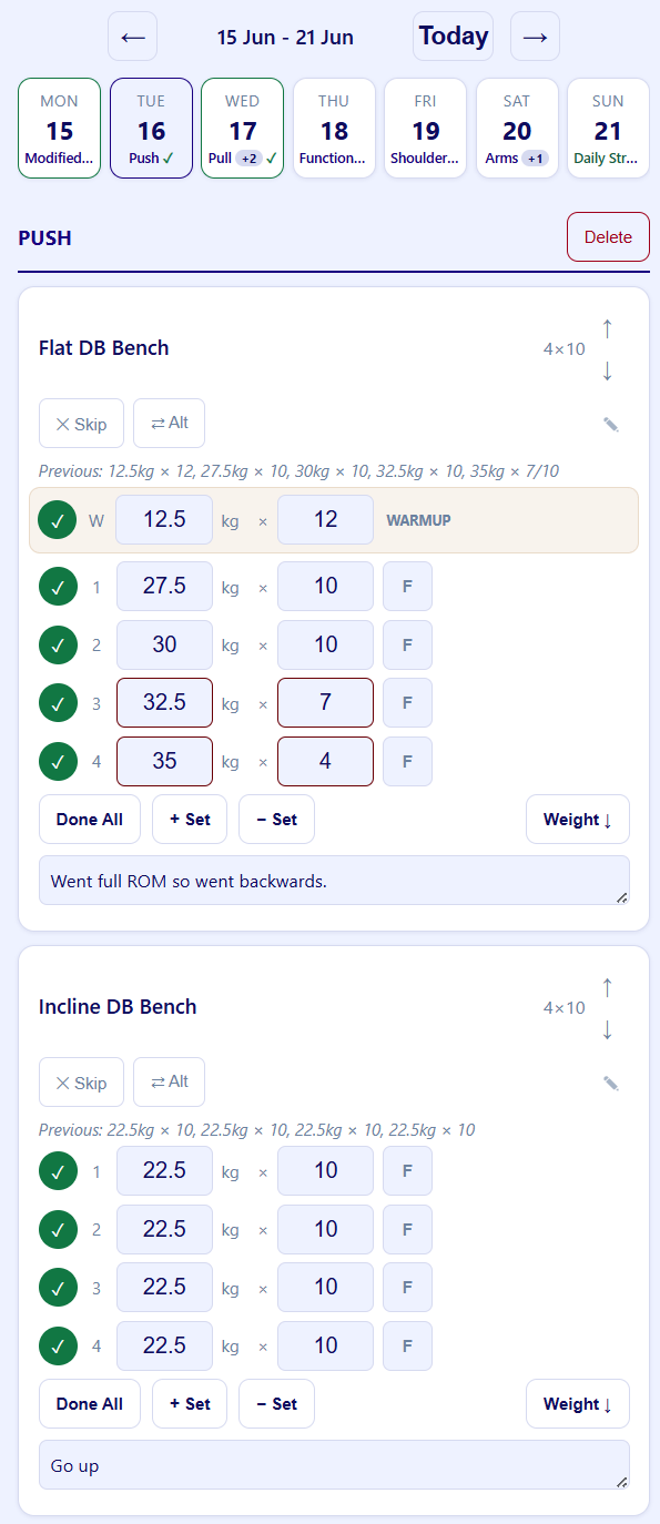 Workout entry screen with exercise sets, previous performance, and notes